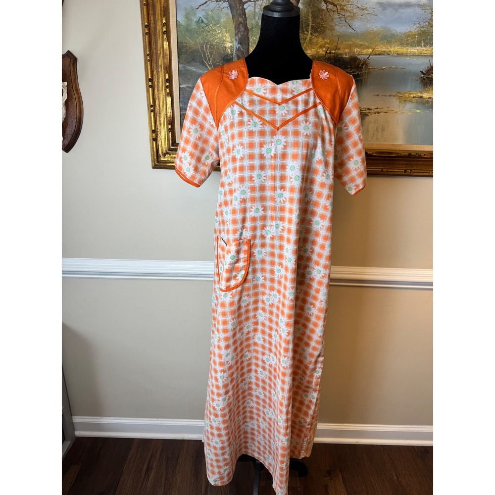 Vintage 70s Orange Gingham Daisy Dress Mod Flower Power Duster Muumuu Groovy